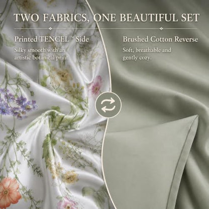 Reversible Queen Duvet Cover Set with Cooling TENCEL & Brushed Cotton - Wildflower Meadow Sage Green, 3 Pieces