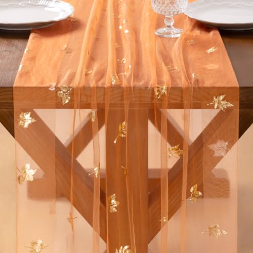 Gold Gauze Table Runner Fall Maple Leaf Sheer Party Centerpiece 10ft x 3pcs - Orange