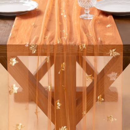 Gold Gauze Table Runner Fall Maple Leaf Sheer Party Centerpiece 10ft x 3pcs - Orange
