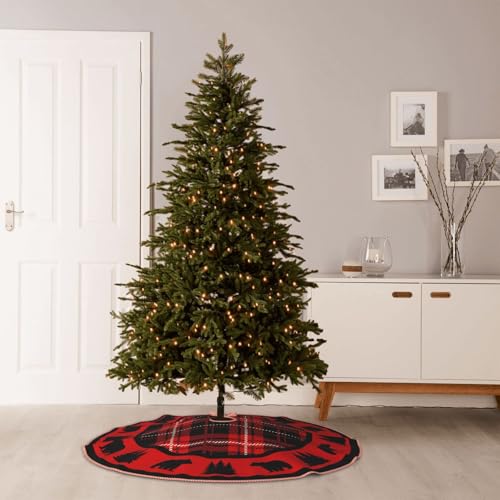 Faux Linen Christmas Tree Skirt Black Bear Red & Black Cabin Plaid 48" - Rustic Holiday Decor
