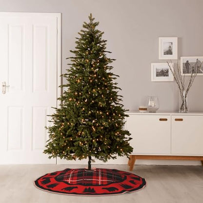 Faux Linen Christmas Tree Skirt Black Bear Red & Black Cabin Plaid 48" - Rustic Holiday Decor