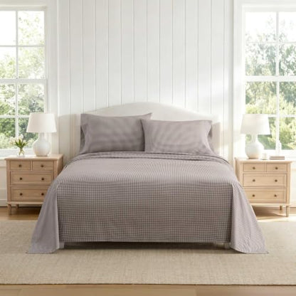 King Cotton Percale Sheet Set with Deep Pocket & Gingham Brown - Martha Stewart