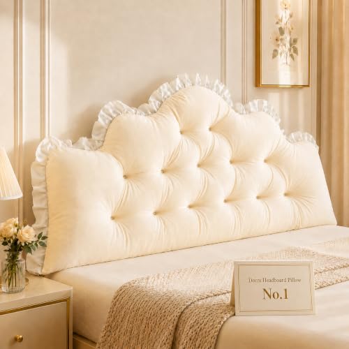 Twin XL Velvet Headboard Pillow with Tufted Crown and Ruffle Trim - Beige, 100cm