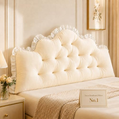 Twin XL Velvet Headboard Pillow with Tufted Crown and Ruffle Trim - Beige, 100cm