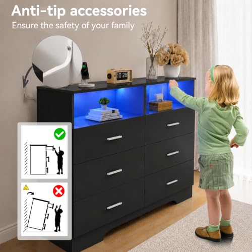 Black 6-Drawer Dresser with LED Lights & Power Outlets - Wooden Bedroom Storage