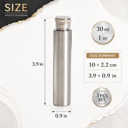 3 Pack Stainless Steel Pocket Flasks for Liquor 1 oz Discreet Travel Set