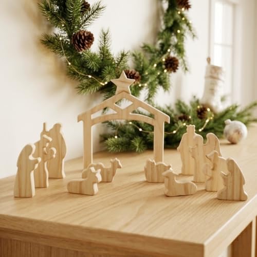 Unfinished Wooden Nativity Scene Set - 13 Pcs Christian Christmas Decor