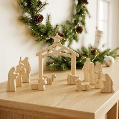 Unfinished Wooden Nativity Scene Set - 13 Pcs Christian Christmas Decor