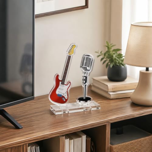 Red Acrylic Guitar and Microphone Desktop Ornament - Music Decor Stand