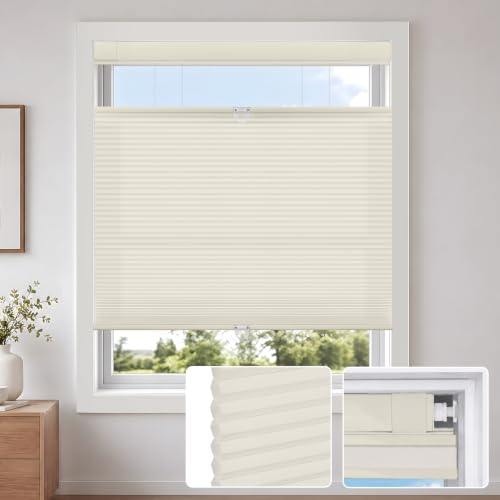 Beige No Drill Top Down Bottom Up Cellular Window Shades 34.5W x 64H