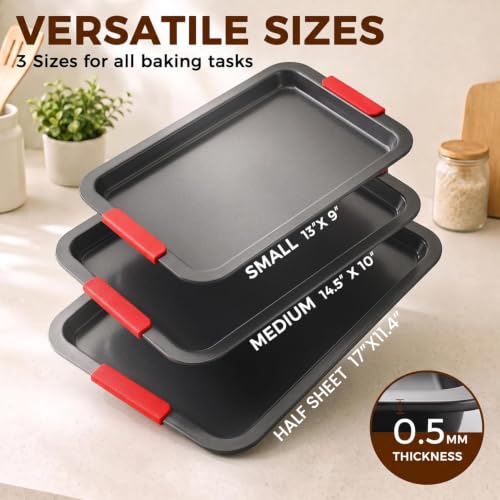 Nonstick Cookie Sheet Set of 3 - Carbon Steel Baking Pans with Lychee Handles, Gray Variation