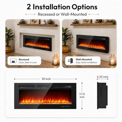 30-Inch Electric Fireplace Wall Mount & Recessed Heater - Dual Flame Effects