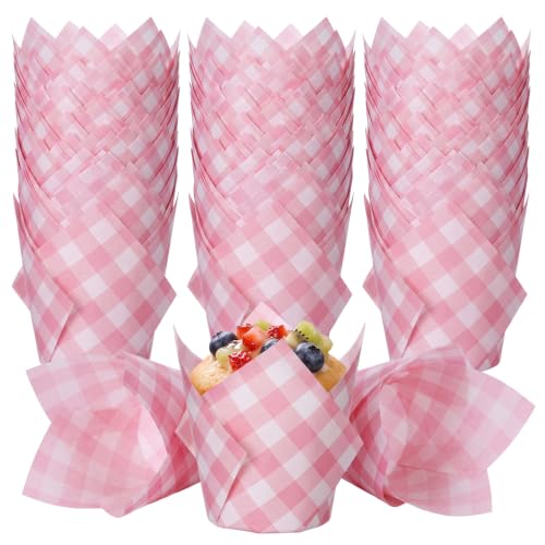 Pink Gingham Tulip Cupcake Liners - 100 Pack for Baking & Parties