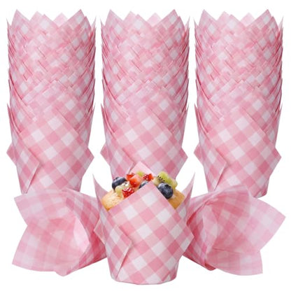 Pink Gingham Tulip Cupcake Liners - 100 Pack for Baking & Parties