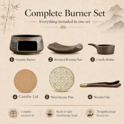 Brown Ceramic Aromatherapy Burner with Incense & Herb Plate - Zen Home Decor