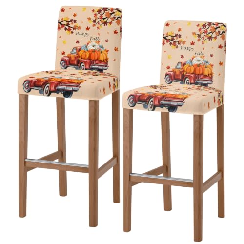 Fall Bar Stool Covers Set of 2 - Harvest Pumpkin Truck & Maple Leaves - Red Orange