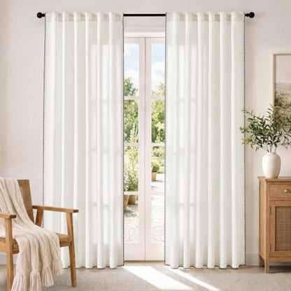Cream Linen Semi Sheer Curtains 84 Inches Long - Pack of 2, Embroidered Trim