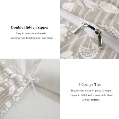 Queen Size Floral Comforter Set 3 Pieces Cotton Bedding - Beige Leaf Stripe