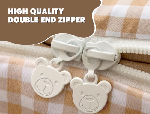 Girls Full Plaid Zipper Bedding Set - Khaki with Ruffle Details