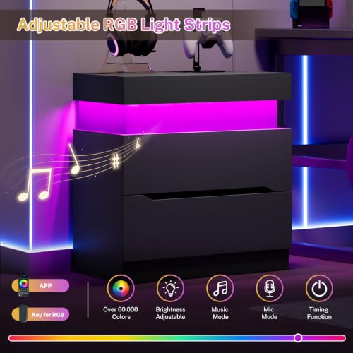 Nightstand with 2 Drawers and App‑Controlled RGB LED Light – Hidden Storage