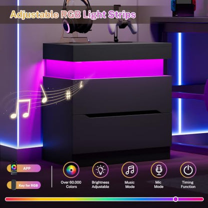 Nightstand with 2 Drawers and App‑Controlled RGB LED Light – Hidden Storage