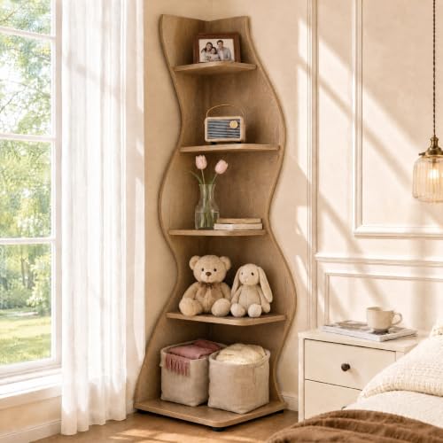 Tribesigns Modern Wavy Corner Shelf Stand - Light Brown, 5-Tier