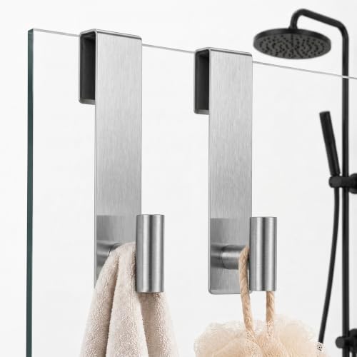 Brushed Silver Shower Glass Door Hooks 2 Pack for 3/8" Thick Frameless Glass