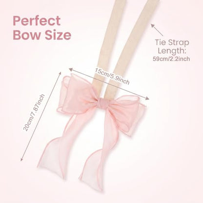 Pink Silky Bow Curtain Tiebacks with Lace - No Tools Needed, Set of 4