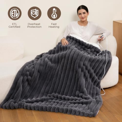 Heated Throw Blanket Electric, Cozy Faux Rabbit Fur Heating 50x60"