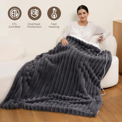 Heated Throw Blanket Electric, Cozy Faux Rabbit Fur Heating 50x60"