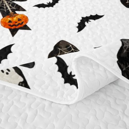 Halloween Kids Bedspread Quilt Set - Orange Black White Full Size with Bow Ghost Pumpkins