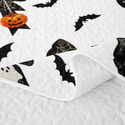 Halloween Kids Bedspread Quilt Set - Orange Black White Full Size with Bow Ghost Pumpkins