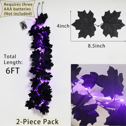 Black Maple Leaf Garland with Purple LED String Lights - Halloween Decor