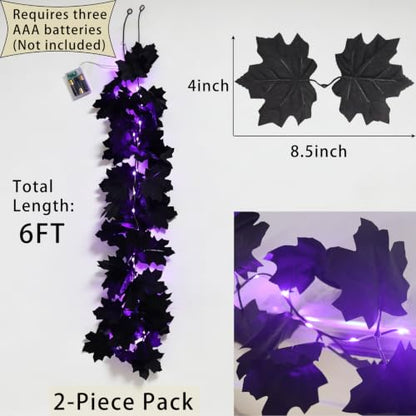 Black Maple Leaf Garland with Purple LED String Lights - Halloween Decor