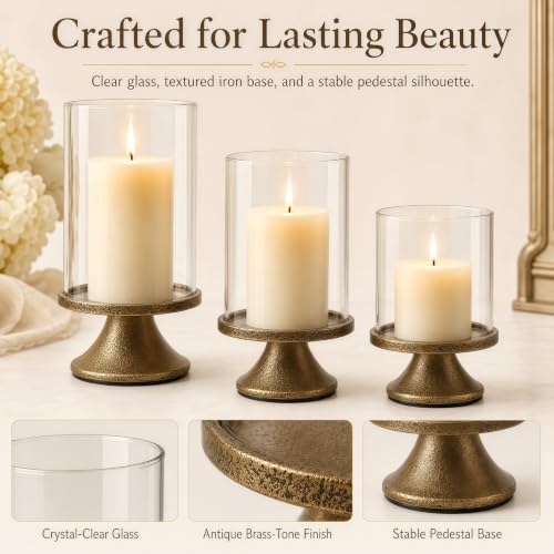 Set of 3 Hurricane Glass Candle Holders with Weighted Base for Pillar Candles