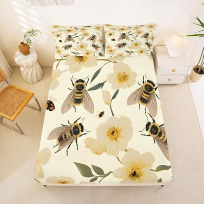 Kids Queen Size Floral Fitted Sheet Set with Pillowcases - Yellow, 60x80 Inches