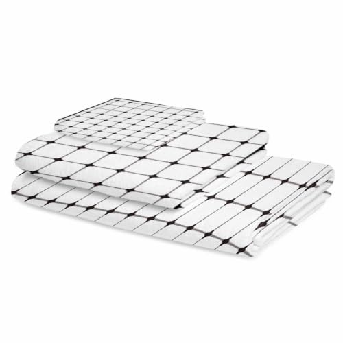 White Plaid Bath Towel Set - 3 Piece Microfiber Towels for Bathroom & Beach, Farmhouse Style - Variation: White, Black, Silver, Frost