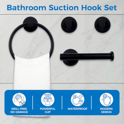 INCREWAY Black Suction Cup Bathroom Accessory Set 4Pcs - Wall Mount Towel Holder Tissue Rack Hooks - No Drill, Stainless Steel