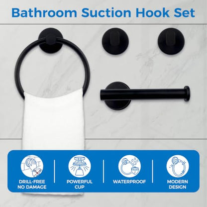 INCREWAY Black Suction Cup Bathroom Accessory Set 4Pcs - Wall Mount Towel Holder Tissue Rack Hooks - No Drill, Stainless Steel