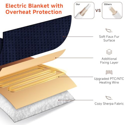 Queen Size Waffle Fleece Heated Blanket with Dual Control Navy - Fast Heating