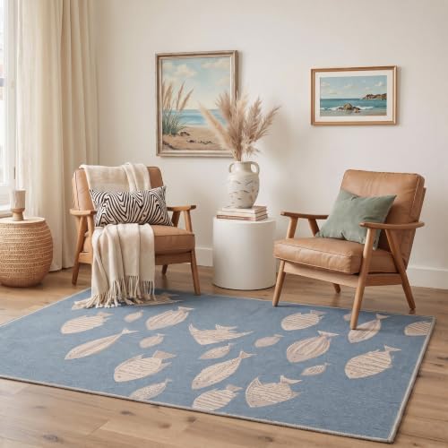 Blue Coastal Fish Runner Rug - Washable Non-Slip Boho Style, 2ft x 5ft, Rectangular