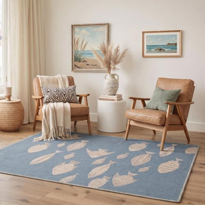 Blue Coastal Fish Runner Rug - Washable Non-Slip Boho Style, 2ft x 5ft, Rectangular