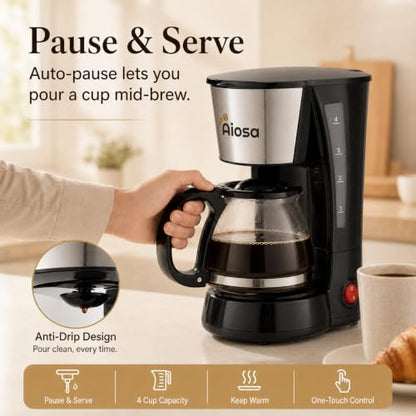 4 Cup Mini Drip Coffee Maker with Reusable Filter & Keep Warm Function - Anti-Drip