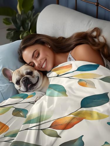 Queen Size Colorful Leaf Vine Flat Sheet - Microfiber Breathable Bed Cover in Orange Gray Blue Green