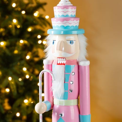 Nutcracker Christmas Decorations - 24 Inch Wooden Nutcracker Soldier with Cake Hat, Candy Cane & Cupcake - Holiday Porch Decor