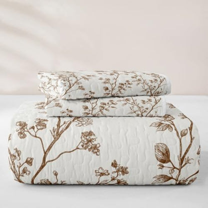 King Size Floral Quilt Set Beige Brown Boho Bedspread Coverlet - Erosebridal