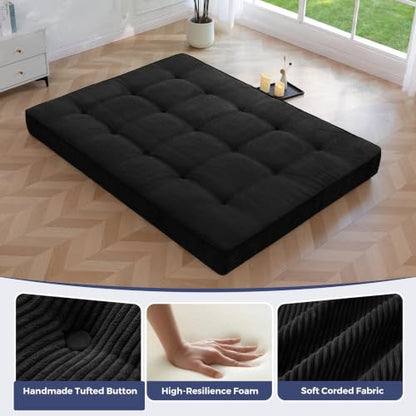 Black 6-Inch Thick Japanese Floor Mattress Full Size Futon Bed - Plush Support