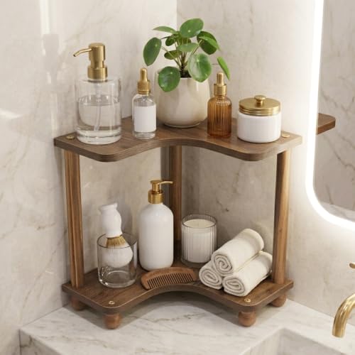 Corner Bathroom Counter Organizer 2-Tier Wood Vanity Shelf - Space Saving
