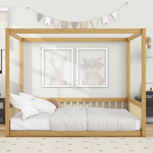 Full Size Montessori Floor Bed with Canopy Frame - Natural