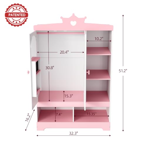 Kids Dress Up Storage Armoire with Hidden Jewelry Cabinet & Mirror - Toddler Wardrobe Organizer